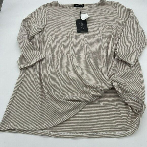 Gibson Look Oatmeal Ivory Striped Knotted Front 3/4 Sleeve Small NWT - Picture 1 of 5